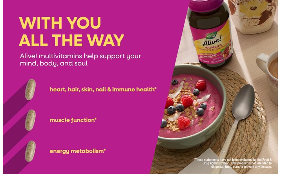Bottle of Alive! Women's Complete Multivitamins next to a smoothie bowl and cup of coffee