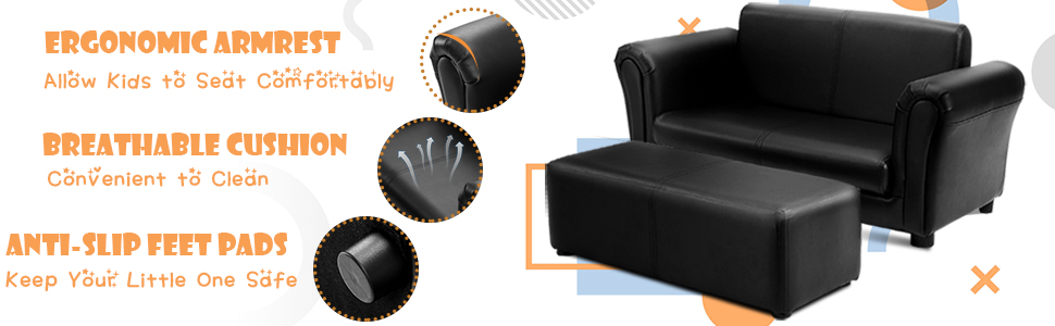 details of this children sofa, ergonomic armrest, sofa cushion, anti-slip feet pads