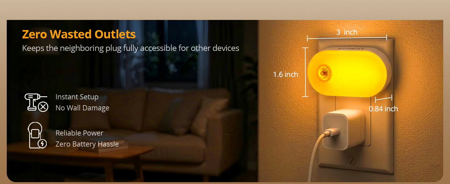 Space-saving plug-in night light with zero wasted outlets.