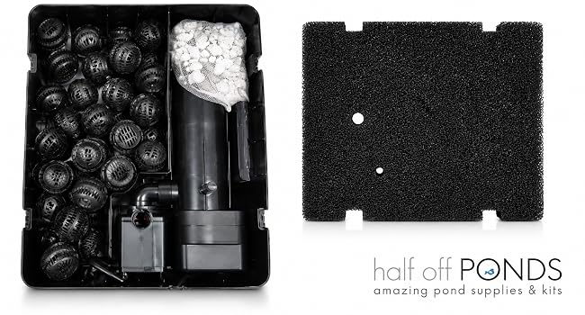 Pond filtration kit with bio media, filter foam pad, and Half Off Ponds branding