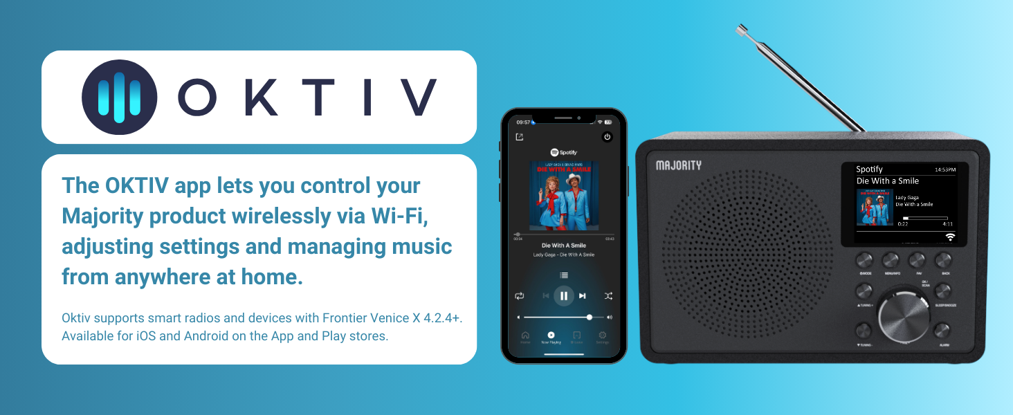 Oktiv logo, promoting it as the best music streaming app for Android devices.