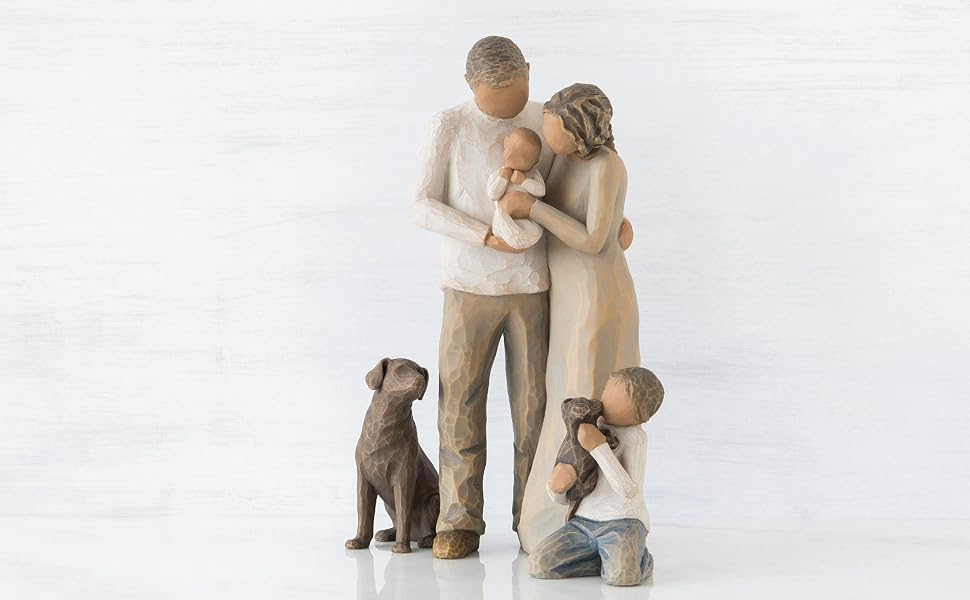 Group shot of Willow Tree Love My Dog, We Are Three, and Kindness (boy) figures.