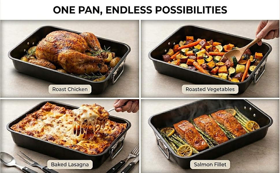 Multiple dishes cooked in roasting pan including chicken, vegetables, lasagna, and salmon fillet
