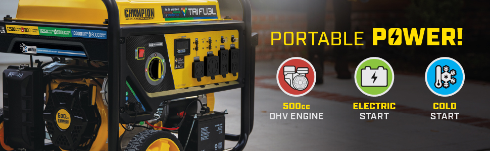 500cc Champion engine produces 12,500 starting watts and 10,000 running watts