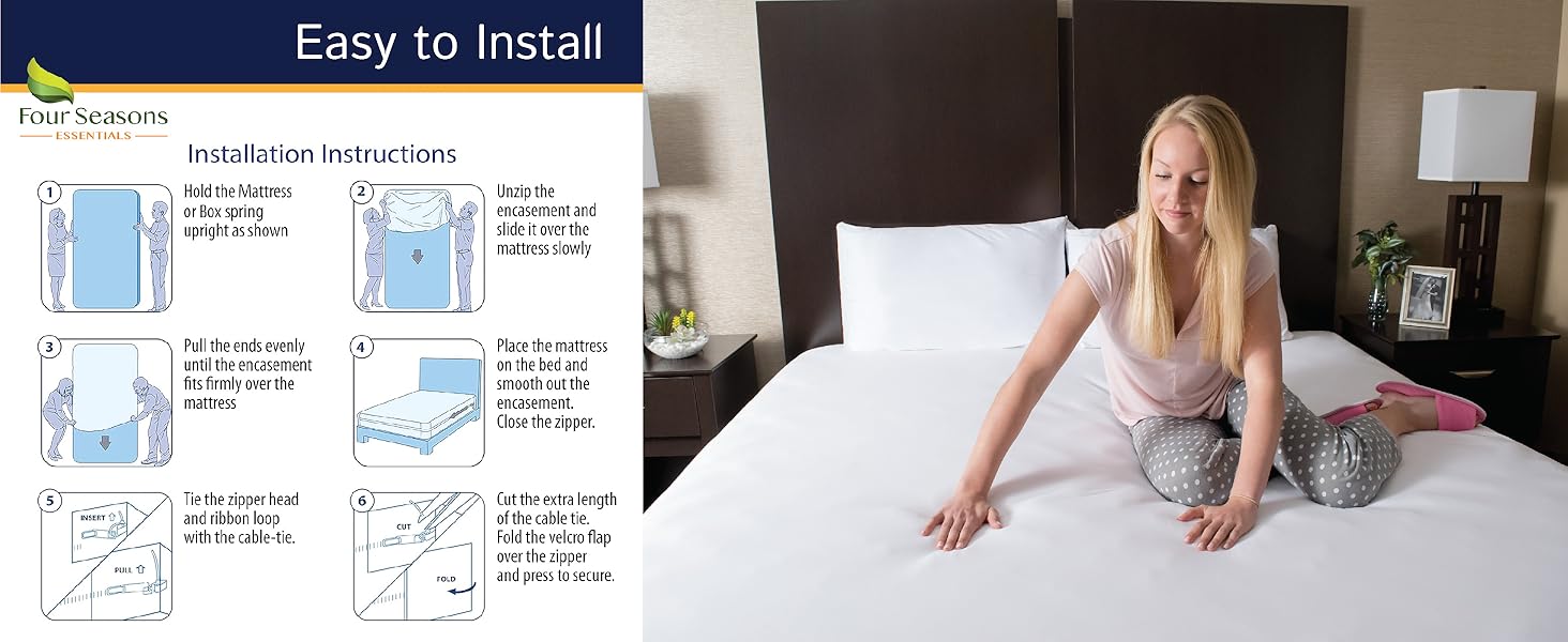 easy to install, stand mattress on end and slide protector over top of mattress