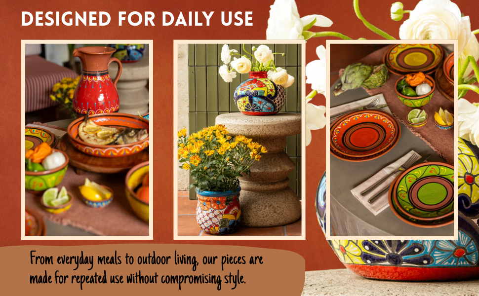 Patio dining set, weatherproof garden decor, heavy duty planters, rustic outdoor pottery