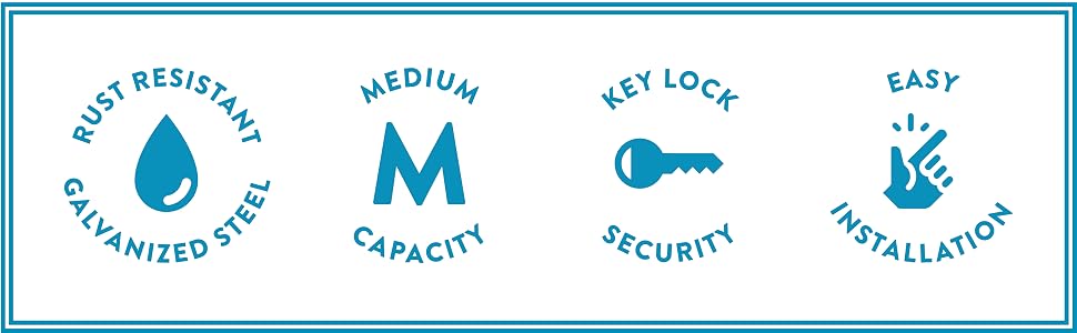 rust resistant, medium capacity, key lock, easy installation
