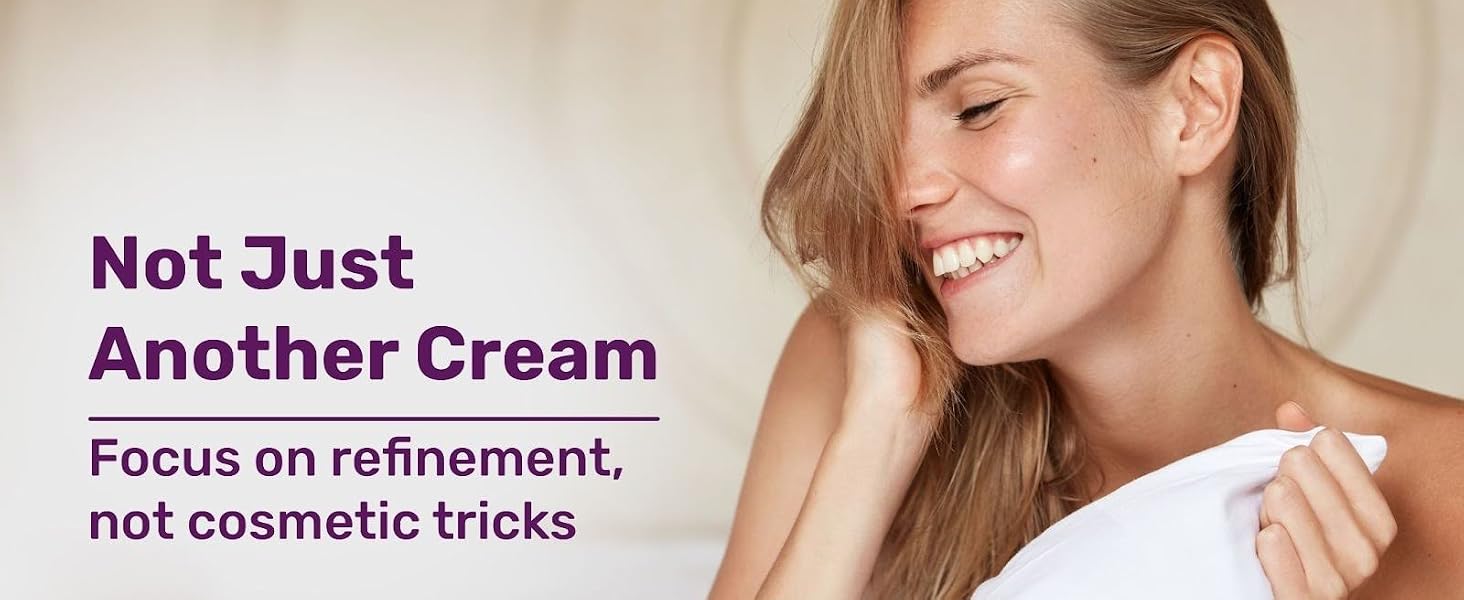 Smiling woman with glowing skin showcasing a face cream focused on genuine skin refinement.