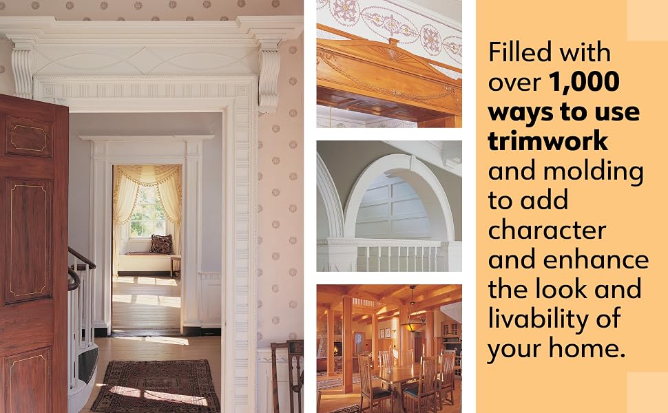Photos of wood trimwork in a home showing doorway trim, arch trim, and molding.