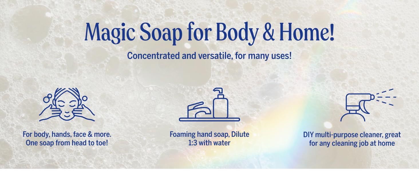 Magic soap for everyone and everyday use. Versatile, cleanses head to toe, multi-purpose cleaner