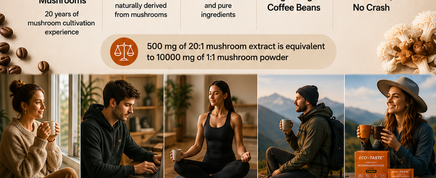 ECO-TASTE brand family with mushroom coffee products, brand vision clean real ingredients