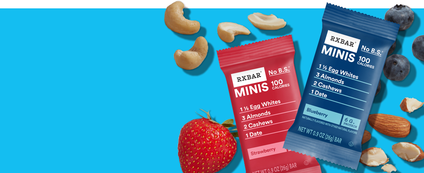 mini rxbars 100 calories pouch resting on a pile of simple ingredients on a blue background
