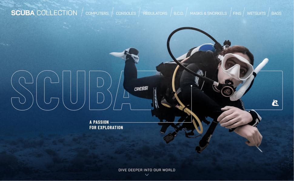 Female diver exploring the deep sea equipped with Cressi&amp;#39;s premium Scuba Collection gear