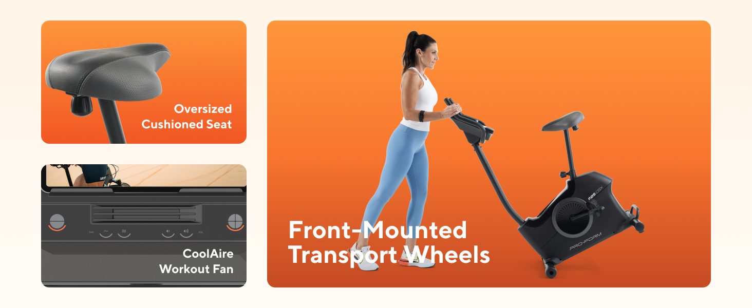 Graphical overview of the treadmill&amp;#39;s cushioning, speakers and folding features