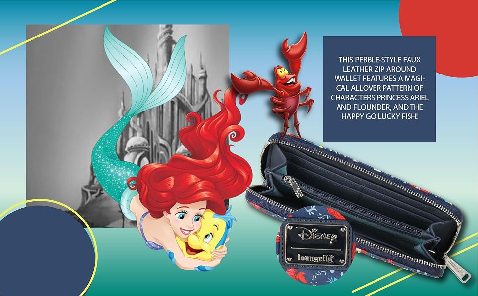 Loungefly Disney Little Mermaid Ariel And Flounder Faux Leather Full Zip Wallet Holiday Gift