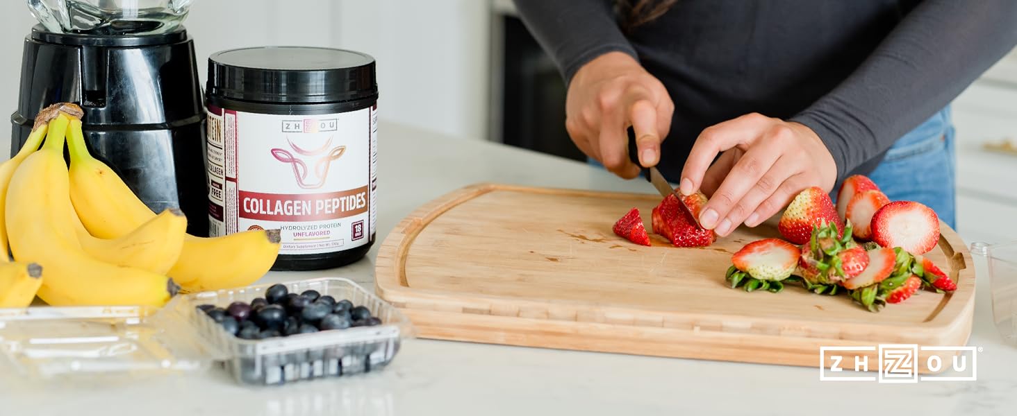 person preparing a smoothie using zhou nutrition collagen peptides and fruits