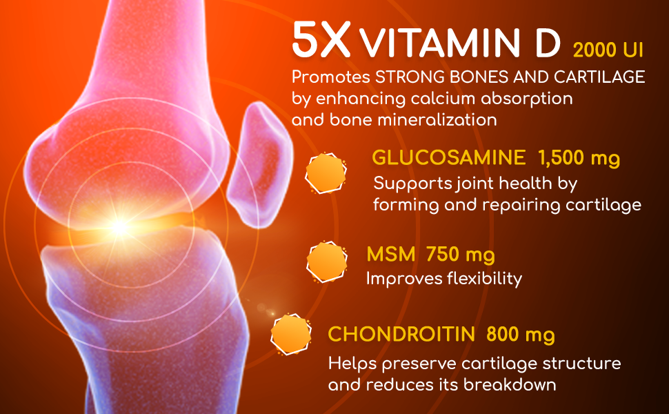 Vitamin D, Glucosamine, MSM, Flexibility improvement, Chondroitin, Joint Health, strong bones