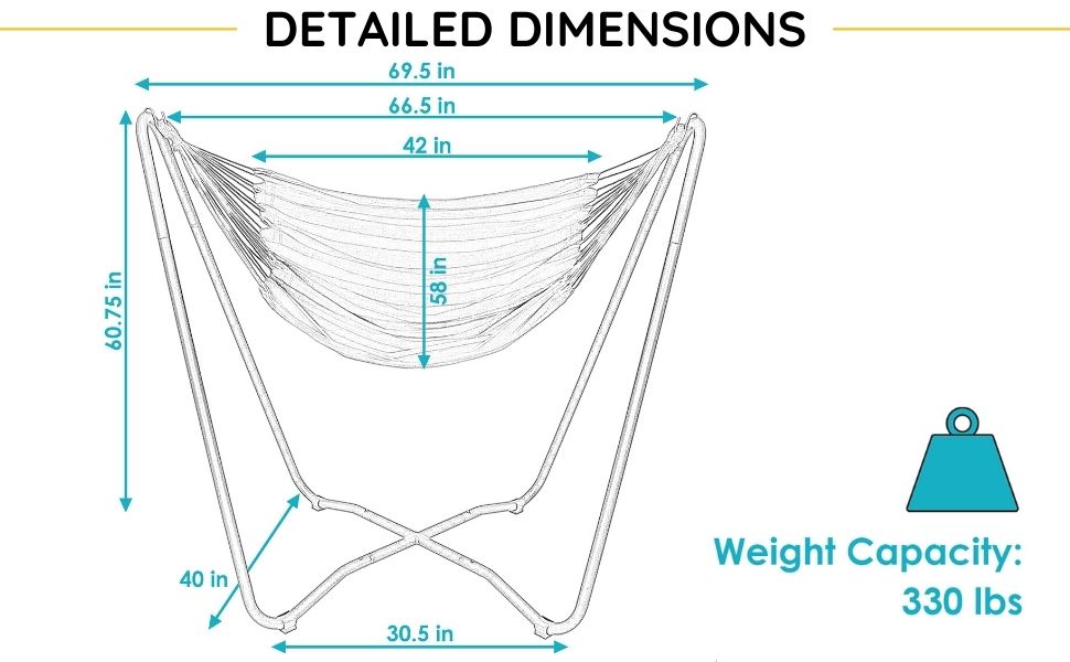 Overall hammock chair with stand is 30.5 inches wide 40 inches deep and 60.75 inches tall.