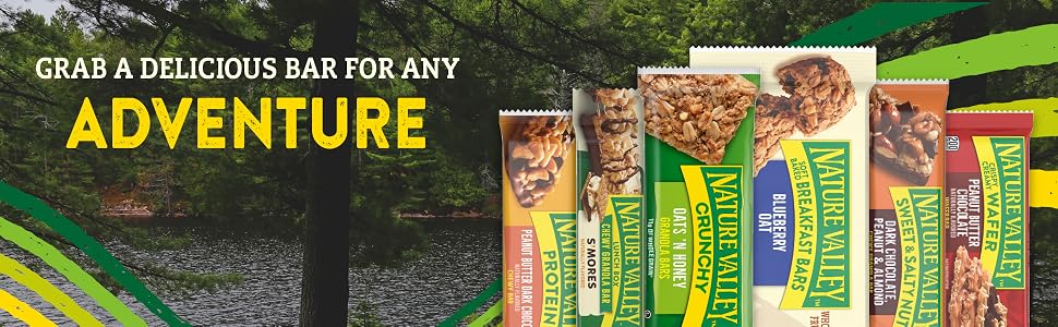 Individual Nature Valley snack bars assortment with the words grab a delicious bar for any adventure