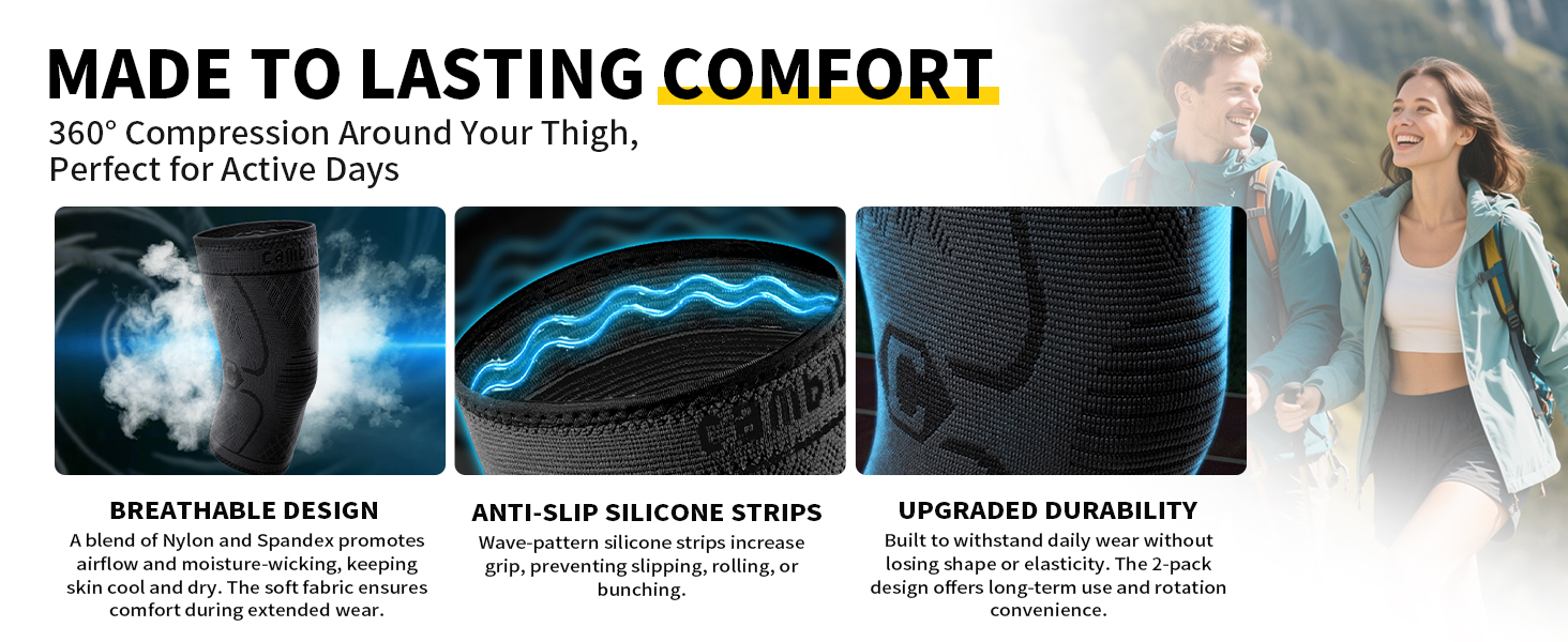 Breathable knee sleeve with anti-slip silicone strips, 360° compression, nylon spandex durability