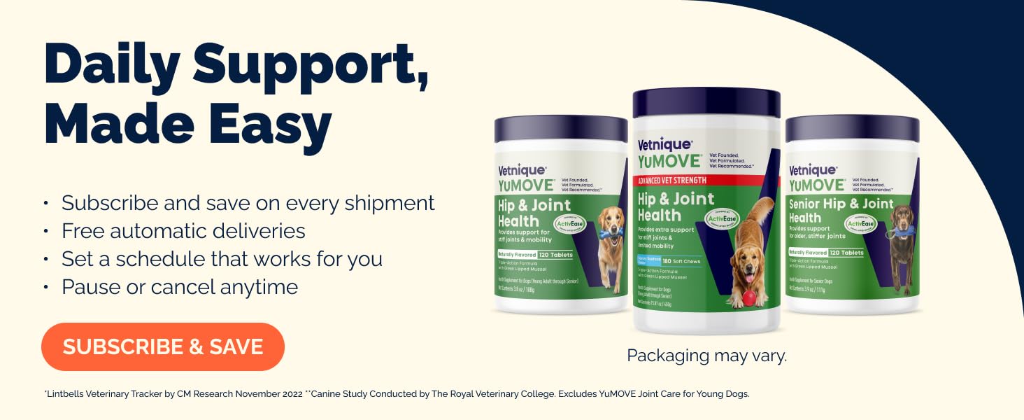 Save on Vetnique YuMOVE hip and joint support with free auto delivery, cancel anytime