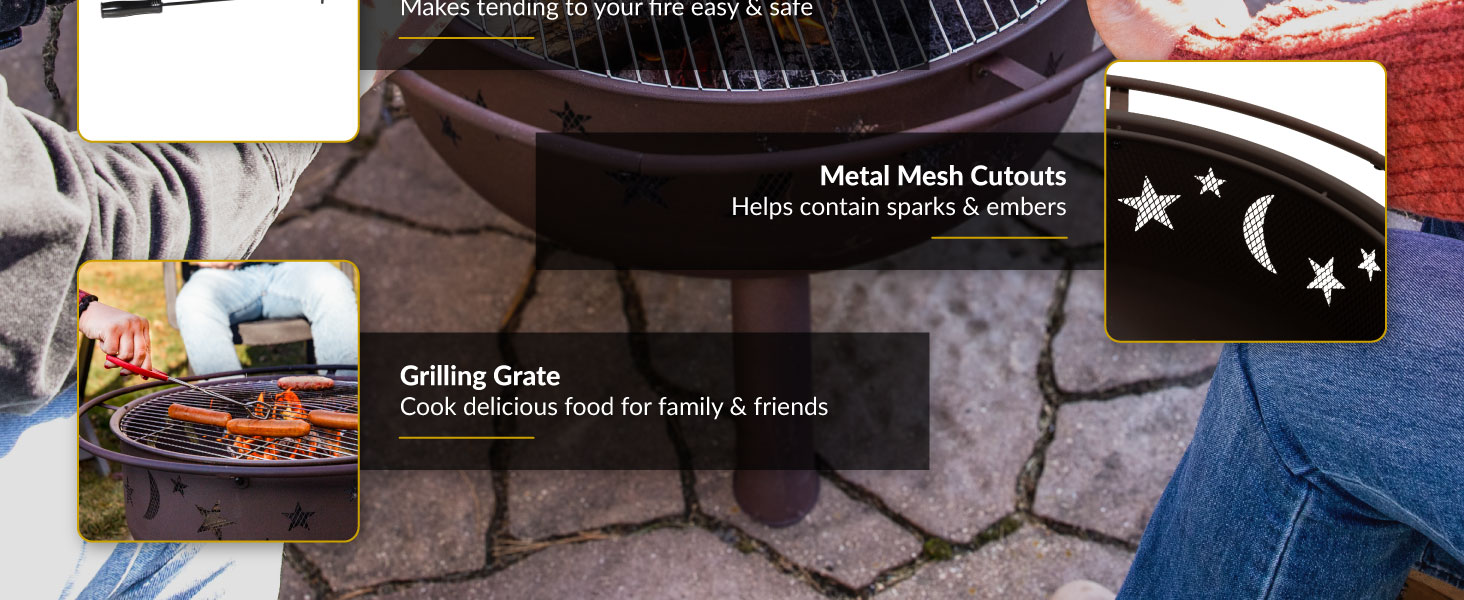 Log poker makes tending to fire safe metal mesh cutouts grilling grate cook food for others