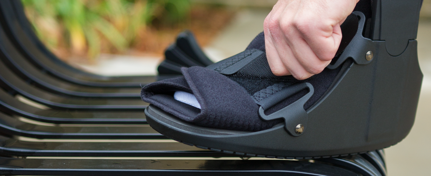 adjustable, medical-grade straps on short walking boot