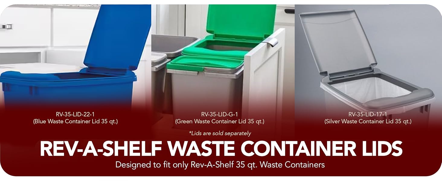 Rev-A-Shelf waste container lids in silver, green, and blue colors designed for 35 quart bins.