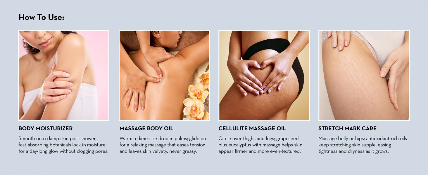 Images showing ways to use the oil: moisturizer, massage, cellulite, and stretch mark.