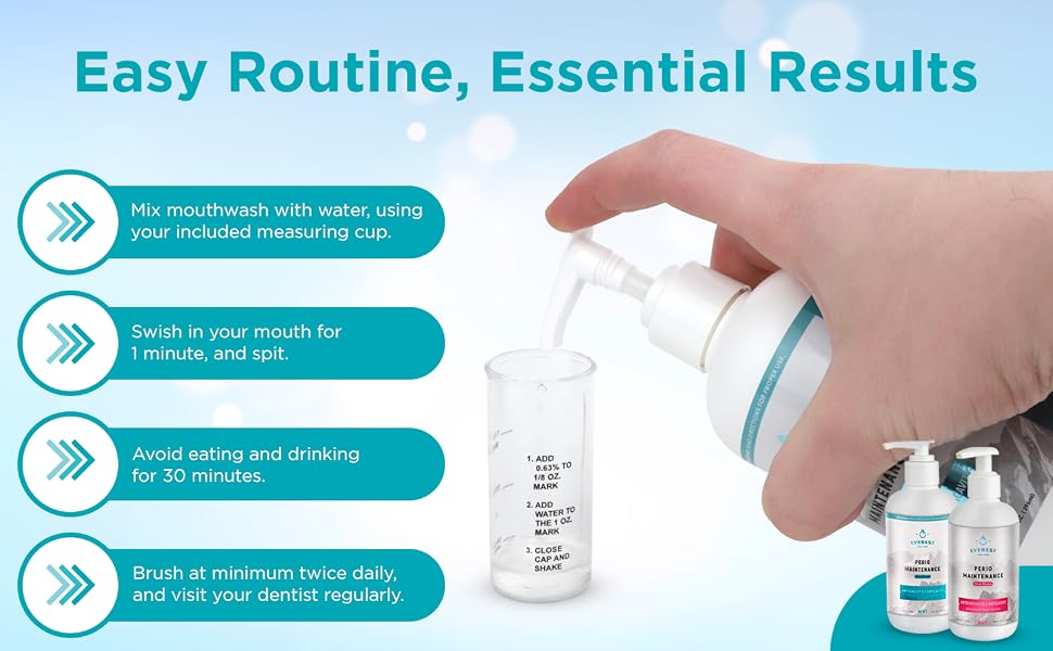 hand pumping travel mouthwash for kids and adults into measuring cup