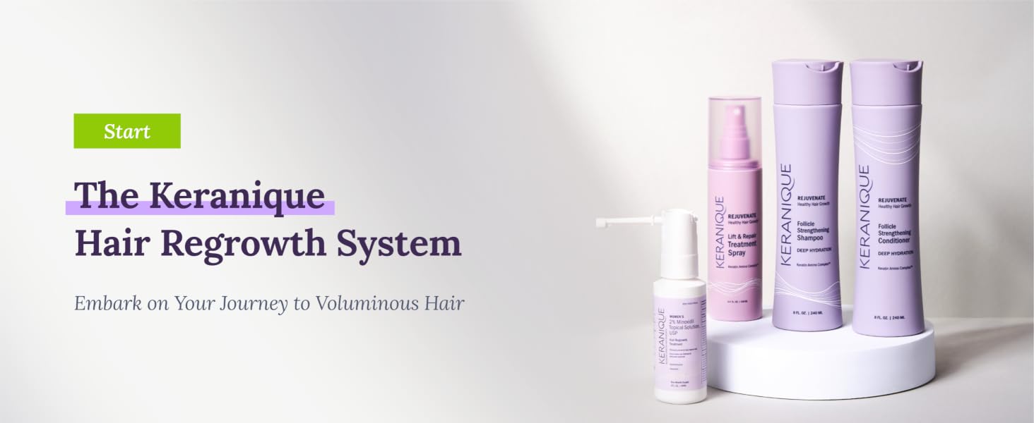 Keranique Hair Regrowth System - shampoos, conditioners, minoxidil spray, and lift and repair spray
