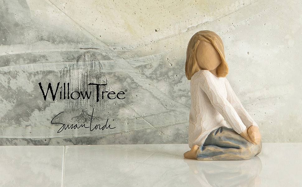 Willow Tree Joyful Child figure of kneeling girl with arms folded on knees.