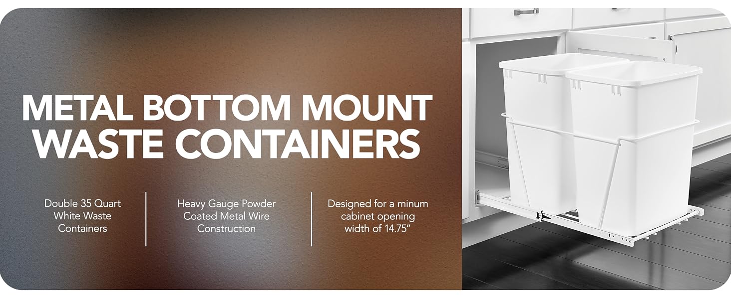 Metal bottom mount with 2 waste containers. Text reads: Metal Bottom Mount Waste Containers