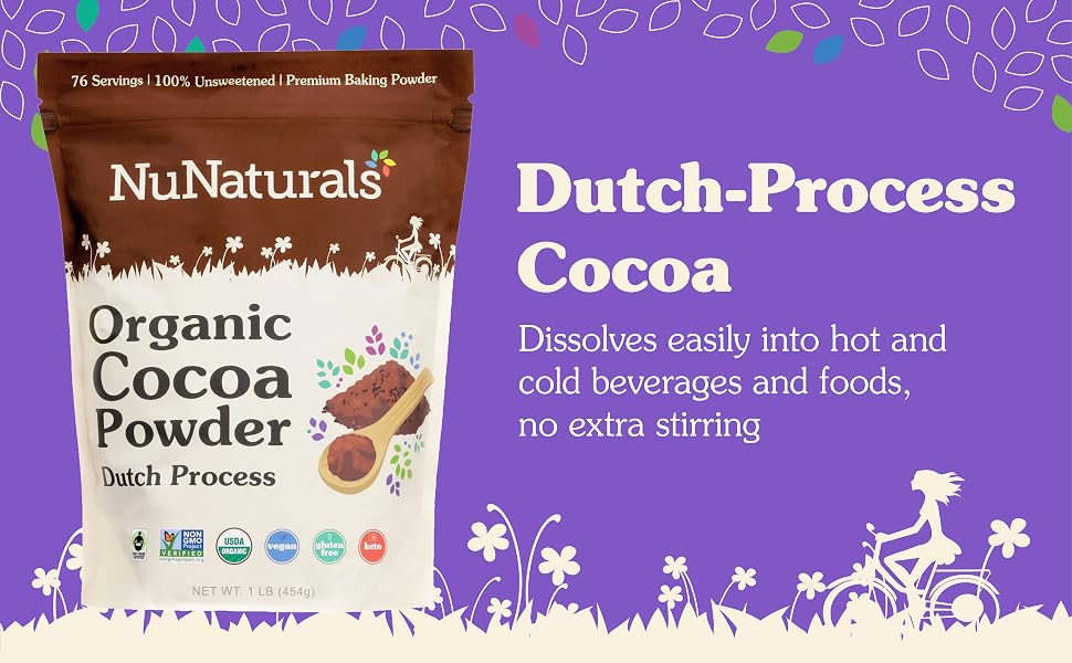Dutch-Process Cocoa. Dissolves easily into hot and cold beverages and foods, no extra stirring