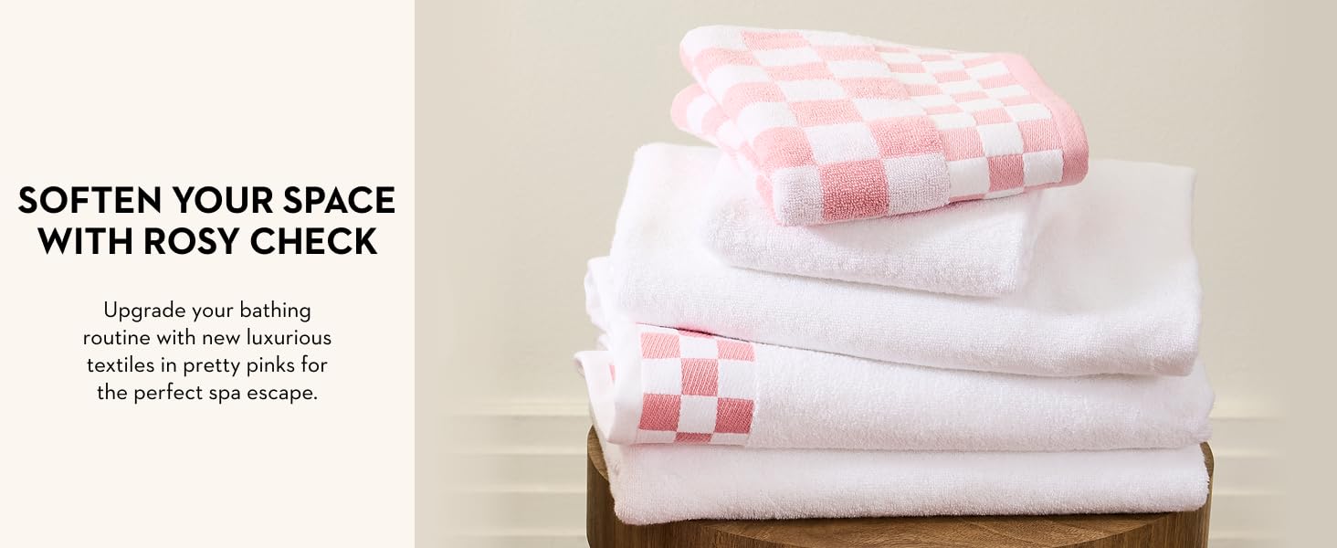 Rosy Check towels and bath mats for a pretty in pink bathroom