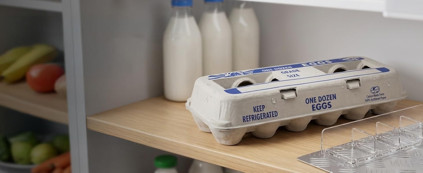 egg carton sitting on wooden shelf in the pantry
