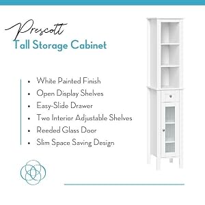 White prescott tall storage cabinet with open display shelves, drawer, &amp; adjustable shelves