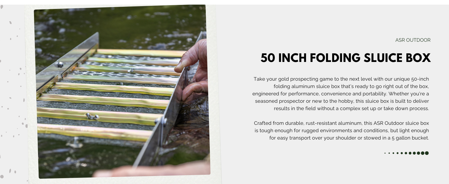 folding aluminum sluice box lifestyle image with product description text