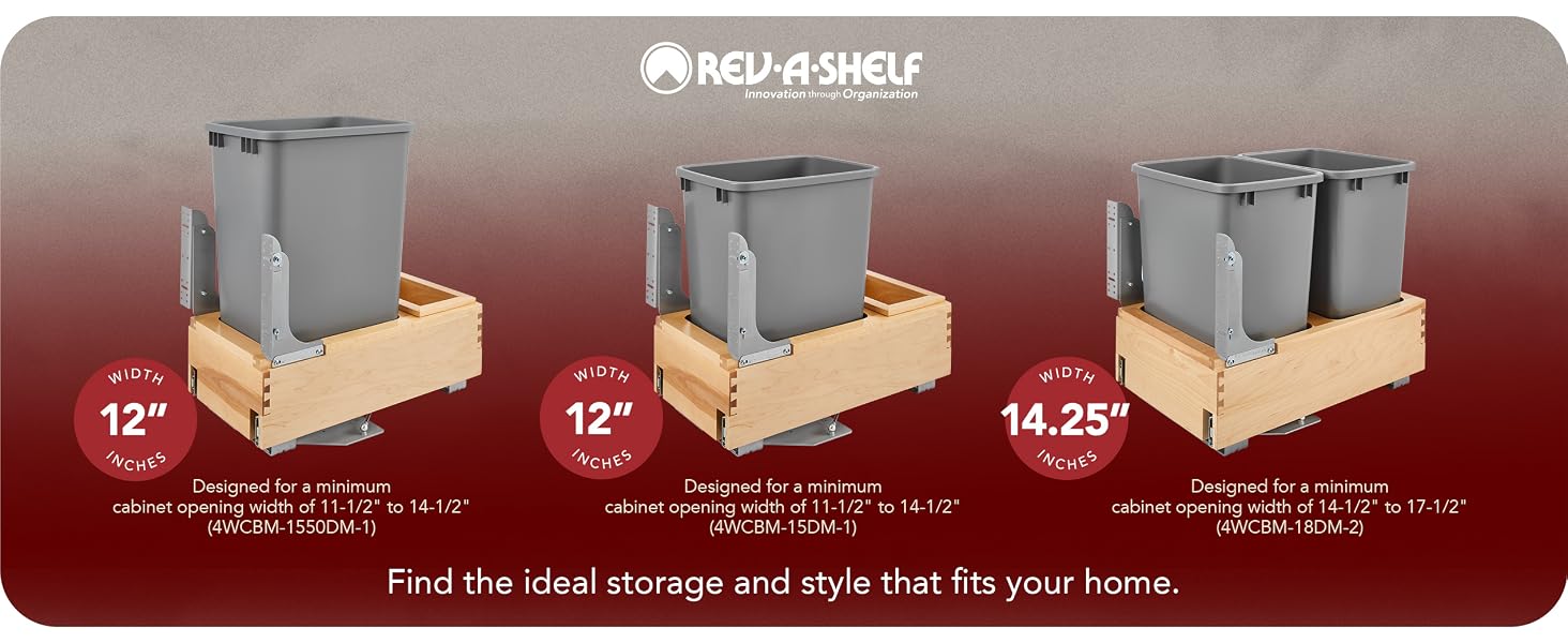 Rev-A-Shelf Pullout Bottom Mount Waste Containers in different sizes.
