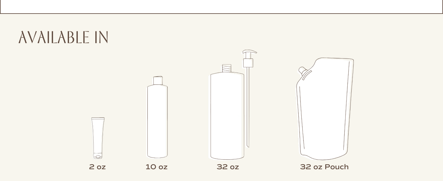 Available in 2oz bottle, 10oz bottle, 32oz bottle, and 32oz refill pouch. All are PCR packaging.