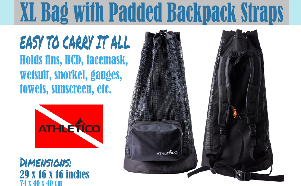 XL Scuba Mesh Dive - Holds fins, BCD, facemask, wetsuit, snorkel, gauges, towel, sunscreen, pockets