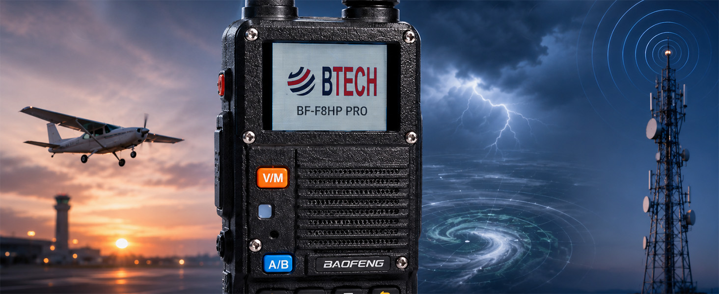 BF-F8HP PRO shown with aviation, NOAA weather, and repeater monitoring visuals in the background.