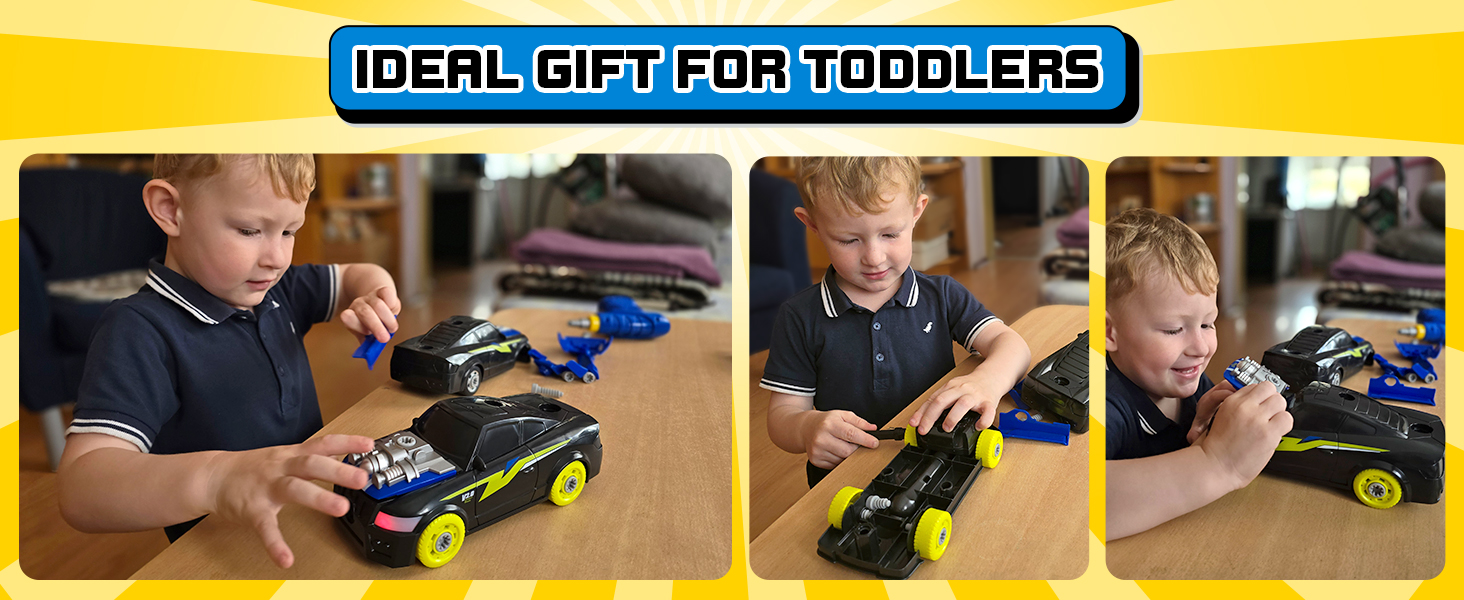 Three-panel photo showing a yellow toy car being played with on a surface. Blue text banner above indicates it's meant for toddlers.