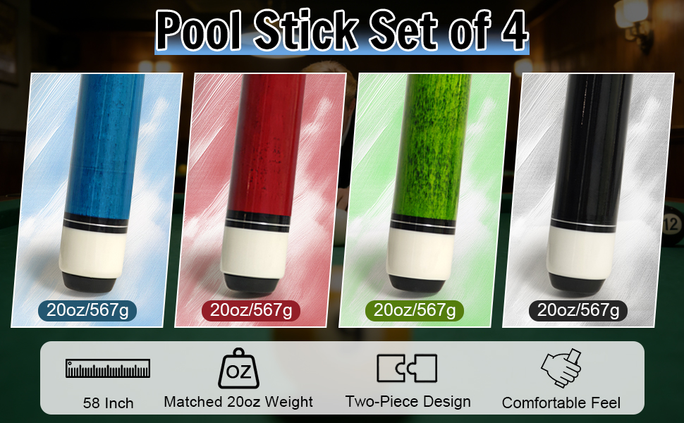 MoyanSuper Pool Cue Sticks 4-Pack, 58 Inch Billiard Cues for Home &amp;amp; Bar Play