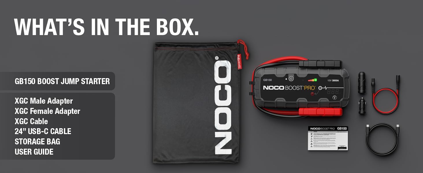 Whats in the box. GB150 jump starter, jumper cable clamps, USB cable and microfiber bag.