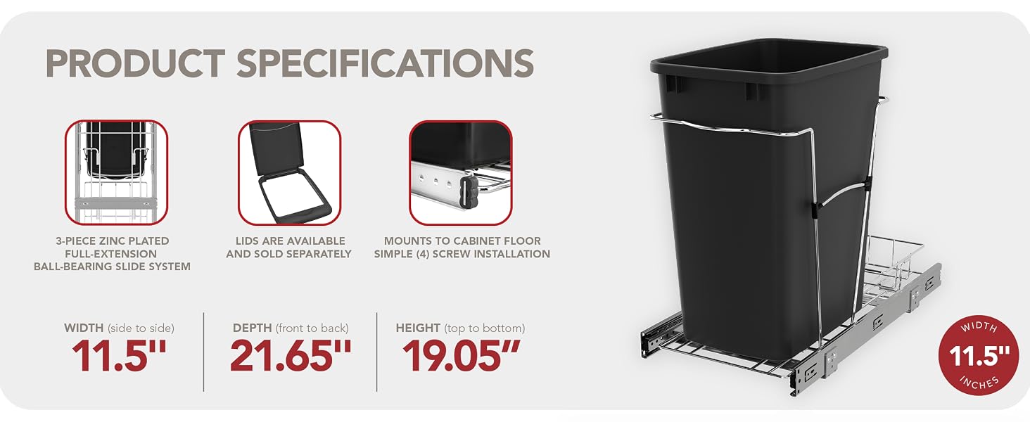 A close-up of a waste can with specifications. Text Reads: Product Specifications.