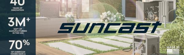 Suncast brand slide. Made in the USA for 40 years.