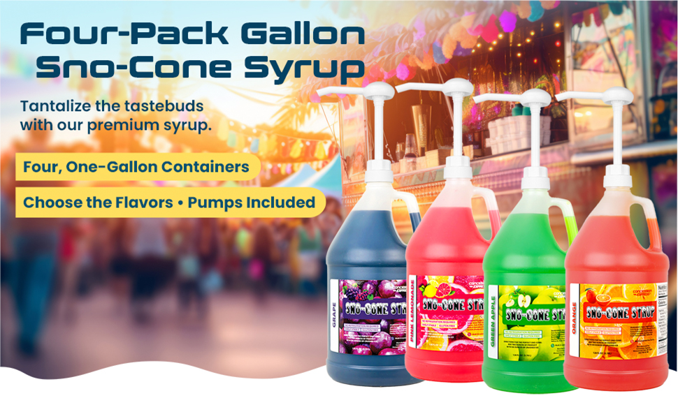 Sno-Cone Syrup Four Pack One-Gallon with Pump Choose the Flavor
