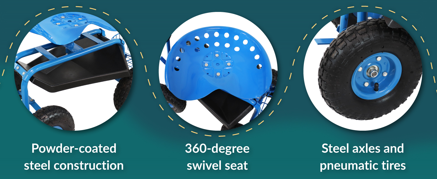 Powder-coated steel construction 360-degree swivel seat steel axels and pneumatic tires