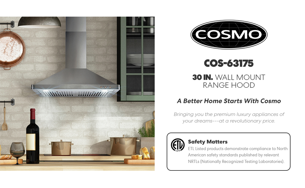 range hood, wall mount range hood, cosmo, cosmo range hood, 63175, cos-63175, wall range hood